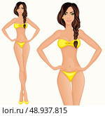 Young long legged woman with slim and attractive figure in yellow bikini vector illustration. Стоковая иллюстрация, агентство Ingram Publishing / Фотобанк Лори