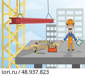 Highrise building construction worker with instruments standing on concrete platform vector illustration. Стоковая иллюстрация, агентство Ingram Publishing / Фотобанк Лори
