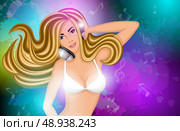 Nightlife disco music party sexy longhaired girl in white bikini top with headphones poster vector illustration. Стоковая иллюстрация, агентство Ingram Publishing / Фотобанк Лори