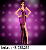 Sexy girl in a fabulous shining open arms dancing party dress with bracelets long legged vector illustration. Стоковая иллюстрация, агентство Ingram Publishing / Фотобанк Лори