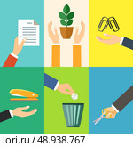 Business hands gestures design elements of paper clip stapler office stationery isolated vector illustration. Стоковая иллюстрация, агентство Ingram Publishing / Фотобанк Лори