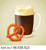 Glass mug of cold dark porter stout beer with froth and salt pretzel emblem vector illustration. Стоковая иллюстрация, агентство Ingram Publishing / Фотобанк Лори