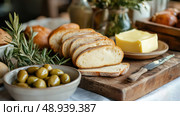 Rustic table with fresh sourdough bread, butter, olives, and herbs ready for a cozy gathering. Стол в деревенском стиле со свежим хлебом, маслом, оливками и травами готов к уютным посиделкам. Стоковое AI-изображение, AI-художник Katsiaryna Repich / Фотобанк Лори