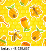 Decorative honey food jar hive bumble bee and dipper with honeycomb background seamless pattern vector illustration. Стоковая иллюстрация, агентство Ingram Publishing / Фотобанк Лори