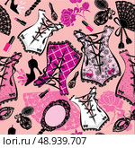 Seamless pattern with beautiful retro corsets, perfume bottles, fans, shues. Стоковая иллюстрация, агентство Ingram Publishing / Фотобанк Лори