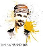 Smiling unshaved male hipster character in visor hat ink drawn poster vector illustration. Стоковая иллюстрация, агентство Ingram Publishing / Фотобанк Лори