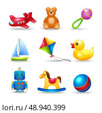 Decorative children toys icons set of airplane teddy bear rattle boat isolated vector illustration. Стоковая иллюстрация, агентство Ingram Publishing / Фотобанк Лори