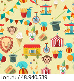 Decorative vintage travelling circus chapiteau tent with clown magical wand seamless tileable wrap paper pattern vector illustration. Стоковая иллюстрация, агентство Ingram Publishing / Фотобанк Лори