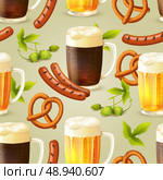 Glass mugs of lager and dark beer hop pretzel and sausage seamless pattern vector illustration. Стоковая иллюстрация, агентство Ingram Publishing / Фотобанк Лори
