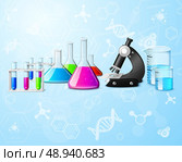 Scientific chemistry physics research education laboratory equipment elements on formulas background vector illustration. Стоковая иллюстрация, агентство Ingram Publishing / Фотобанк Лори