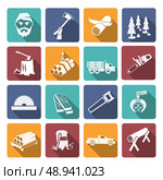 Lumberjack woodcutter flat icons set of carpentry equipment isolated vector illustration. Стоковая иллюстрация, агентство Ingram Publishing / Фотобанк Лори