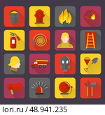 Firefighting icons set of flame water hose mask and helmet isolated vector illustration. Стоковая иллюстрация, агентство Ingram Publishing / Фотобанк Лори