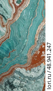 Captivating swirls of turquoise, brown, and cream intermingle in this stunning depiction of amazonite stone. The unique mineral formations create a mesmerizing natural artwork Generative AI. Стоковое AI-изображение, AI-художник Юлия Петровская / Фотобанк Лори