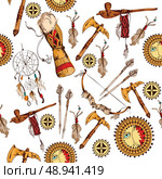 Ethnic native american indian tribes hand drawn seamless colored background vector illustration. Стоковая иллюстрация, агентство Ingram Publishing / Фотобанк Лори