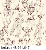 Decorative circus clown fairy wand magic miracles vintage wrap paper seamless retro pattern doodle sketch vector illustration. Стоковая иллюстрация, агентство Ingram Publishing / Фотобанк Лори