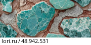 Discover the stunning patterns and vibrant hues of amazonite mineral stones, beautifully displayed against a rustic backdrop, capturing the essence of natural beauty Generative AI. Стоковое AI-изображение, AI-художник Юлия Петровская / Фотобанк Лори