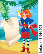 Pirate girl with old parchment map and parrot. Стоковая иллюстрация, агентство Ingram Publishing / Фотобанк Лори