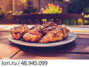 Grilled chicken pieces on a table in a garden. Стоковое фото, агентство Ingram Publishing / Фотобанк Лори