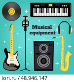 Music equipment set of guitar vinyl disk keyboard sax microphone isolated vector illustration. Стоковая иллюстрация, агентство Ingram Publishing / Фотобанк Лори