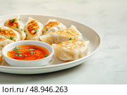 A plate of delicate dumplings is artistically presented with a vibrant dipping sauce splash. This elegant culinary display highlights Asian appetizer finesse, merging visual and gastronomic art. Стоковое AI-изображение, AI-художник Nart / Фотобанк Лори