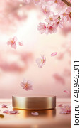 This luxurious gold-leafed podium stands surrounded by delicate cherry blossoms beneath a serene pink sky. The brushed-metal texture glows softly, showcasing elegant craftsmanship and opulent design. Стоковое AI-изображение, AI-художник Nart / Фотобанк Лори