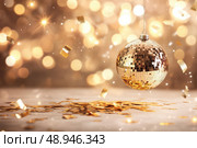 A gleaming golden disco ball is surrounded by floating confetti and soft light orbs. Its shimmering surface creates an elegant party atmosphere, perfect for nightlife celebrations. Стоковое AI-изображение, AI-художник Nart / Фотобанк Лори