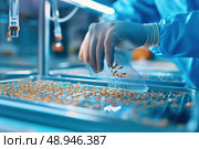 A hatchery worker carefully inspects tiny fish fry in an incubation tray. The close-up captures the delicate aquaculture process, highlighting the intricacies of fish fry care and breeding. Стоковое AI-изображение, AI-художник Nart / Фотобанк Лори