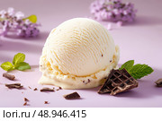 A close-up image of creamy vanilla ice cream with visible vanilla bean specks. The melting scoop highlights its indulgent texture and inviting, velvety smoothness, perfect for a refreshing treat. Стоковое AI-изображение, AI-художник Nart / Фотобанк Лори