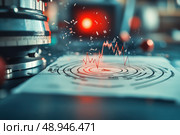 A seismograph capturing seismic activity with precision, its needle tracing erratic lines as the earthquake shakes. This close-up reveals the dynamic nature of seismology in action. Стоковое AI-изображение, AI-художник Nart / Фотобанк Лори