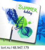 Set of hand drawn sketch and watercolor seashells. Sketchbook paper on holiday beach background. Vector illustration. Стоковая иллюстрация, агентство Ingram Publishing / Фотобанк Лори