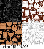 Set of seamless patterns with woman bags and handbags. Ready to use as swatch. Стоковая иллюстрация, агентство Ingram Publishing / Фотобанк Лори
