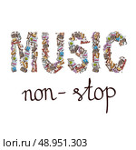 Music word composition with note piano violoncello saxophone in sketch color style vector illustration. Стоковая иллюстрация, агентство Ingram Publishing / Фотобанк Лори