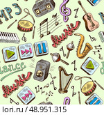 Music mp3 doodles seamless pattern with piano play pause color icons vector illustration. Стоковая иллюстрация, агентство Ingram Publishing / Фотобанк Лори