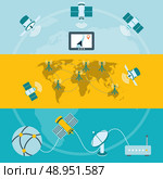 Satellite icons composition of global navigation ground stations and dish communication technology banners flat isolated vector illustration. Стоковая иллюстрация, агентство Ingram Publishing / Фотобанк Лори