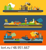 Human activities radioactive hazardous water and air pollution icons horizontal flat banners set composition isolated vector illustration. Стоковая иллюстрация, агентство Ingram Publishing / Фотобанк Лори