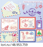 Collection of Christmas envelops, postcards, stamps and hand drawn texts and pictures - Christmas and New Year postage set. Стоковая иллюстрация, агентство Ingram Publishing / Фотобанк Лори