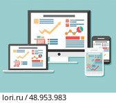 Collection of flat icons mobile cellular phone, laptop, computer, electronic device, responsive web design, infographic elements. Стоковая иллюстрация, агентство Ingram Publishing / Фотобанк Лори