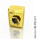 A gold washing machine isolated on white background . Стоковое фото, агентство Ingram Publishing / Фотобанк Лори