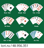 Poker hands set with royal flush four of kind full house isolated vector illustration. Стоковая иллюстрация, агентство Ingram Publishing / Фотобанк Лори