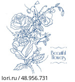 Beautiful roses aquilegia and sweet scented pea cottage garden flowers bunch bridal card outline sketch vector illustration. Стоковая иллюстрация, агентство Ingram Publishing / Фотобанк Лори