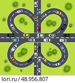Highway traffic cloverleaf intersection top view background vector illustration. Стоковая иллюстрация, агентство Ingram Publishing / Фотобанк Лори