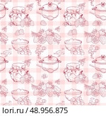 Sweet and healthy homemade strawberry jam seamless pattern on squared textile background vector illustration. Стоковая иллюстрация, агентство Ingram Publishing / Фотобанк Лори