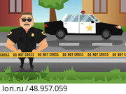 Policeman on crime scene with patrol car on background vector illustration. Стоковая иллюстрация, агентство Ingram Publishing / Фотобанк Лори