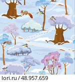 Seamless pattern - Winter Forest Landscape with trees, birds and squirrels. Ready to use as swatch. Стоковая иллюстрация, агентство Ingram Publishing / Фотобанк Лори