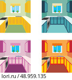Kitchen interior in four color variants. Kitchen furniture. Стоковая иллюстрация, агентство Ingram Publishing / Фотобанк Лори