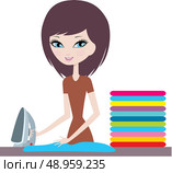Young cartoon woman irons clothes. Стоковая иллюстрация, агентство Ingram Publishing / Фотобанк Лори
