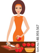 Young woman cuts tomatoes. Стоковая иллюстрация, агентство Ingram Publishing / Фотобанк Лори