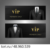 Two horizontal vip privilege members luxury products advertisement black banners set with businessman suits isolated vector illustration. Стоковая иллюстрация, агентство Ingram Publishing / Фотобанк Лори