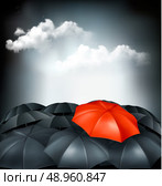 One red umbrella in a group of grey umbrellas. Uniqueness concept. Стоковая иллюстрация, агентство Ingram Publishing / Фотобанк Лори