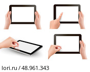 Set of tables pc with hands. Vector. Стоковая иллюстрация, агентство Ingram Publishing / Фотобанк Лори